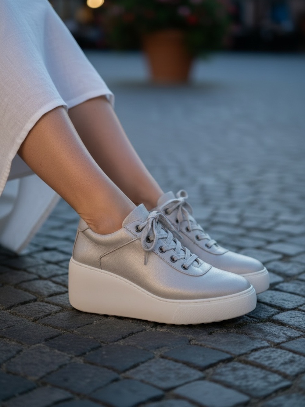 Fly London Dipo contemporary silver leather platform wedge sneakers shoes EU 40
